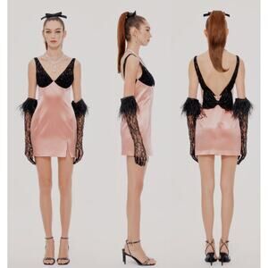 NWT Miss Rosier Satin Sleeveless Mini Dress with Bow Detail Pink/Black Women's S